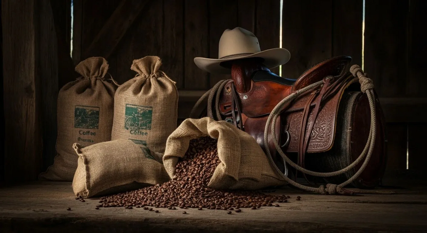 Saddle and coffee bags with gourmet beans
