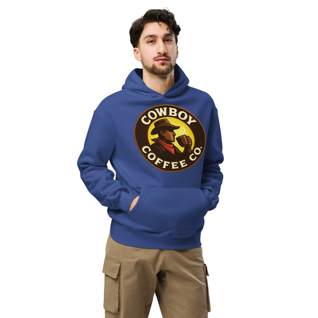 Unisex oversized hoodie in blue with Cowboy Coffee Co logo