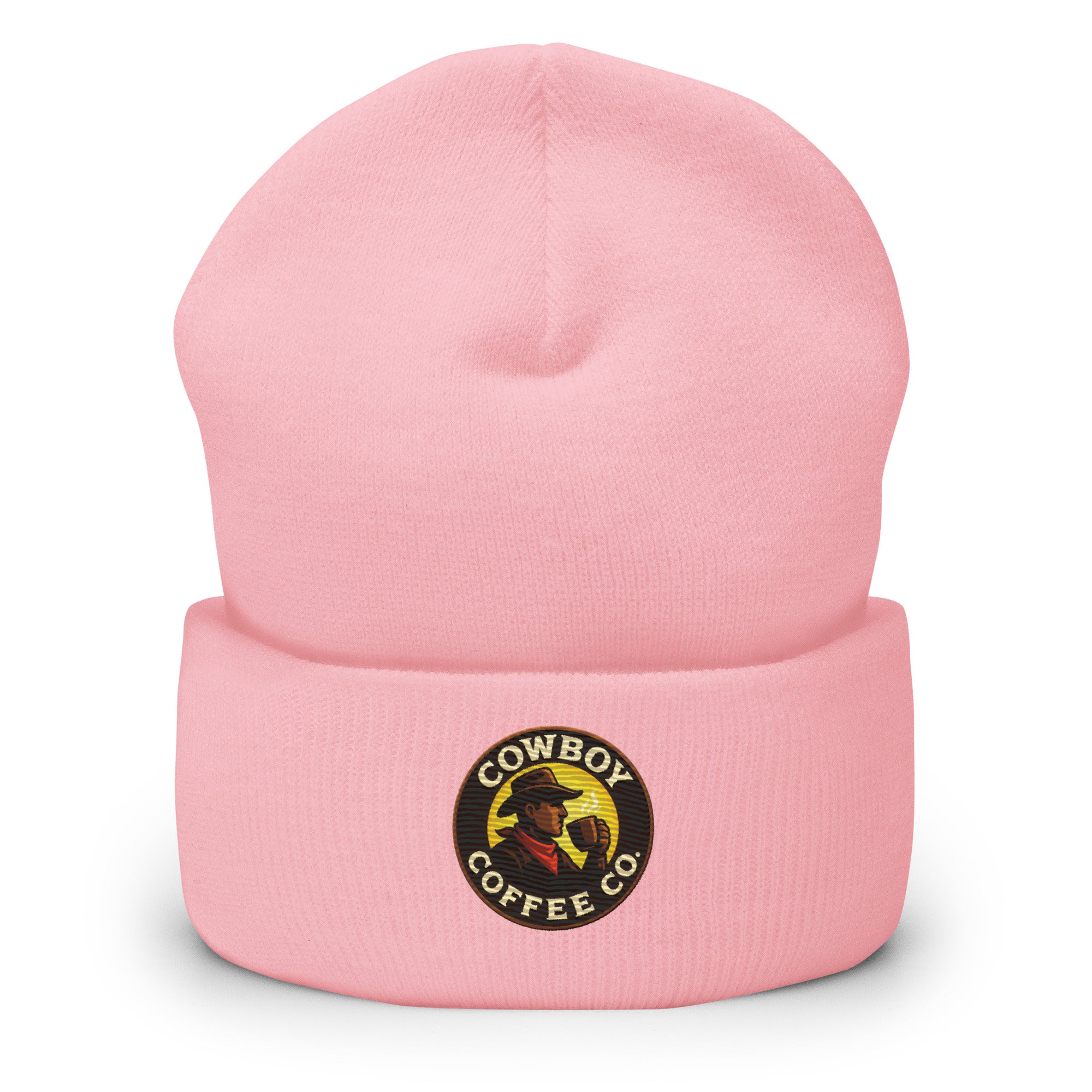 Cuffed Beanie in pink with Cowboy Coffee Co logo