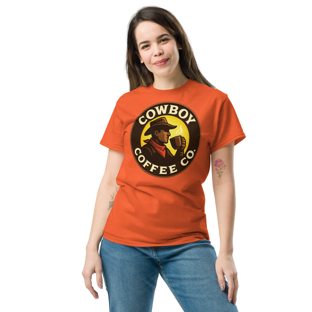 Unisex classic tee in bright orange, featuring Cowboy Coffee Co logo, perfect for coffee lovers and casual outfits.