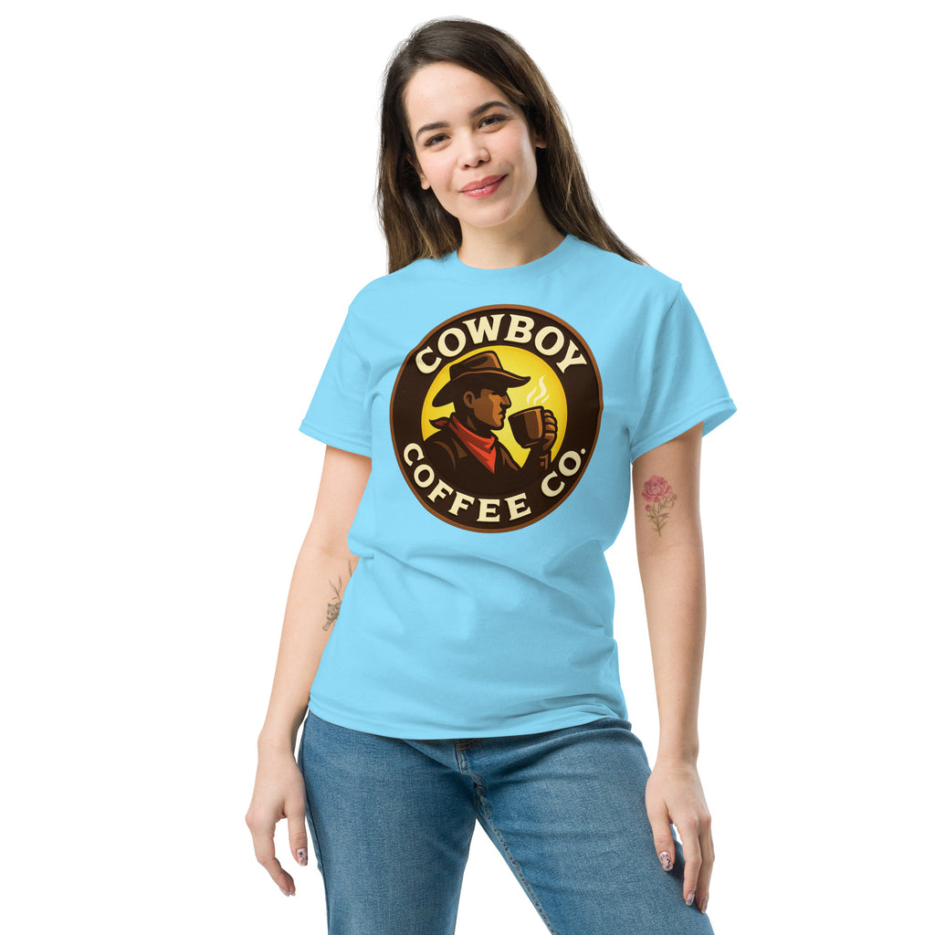 Unisex classic tee in blue with Cowboy Coffee Co logo.