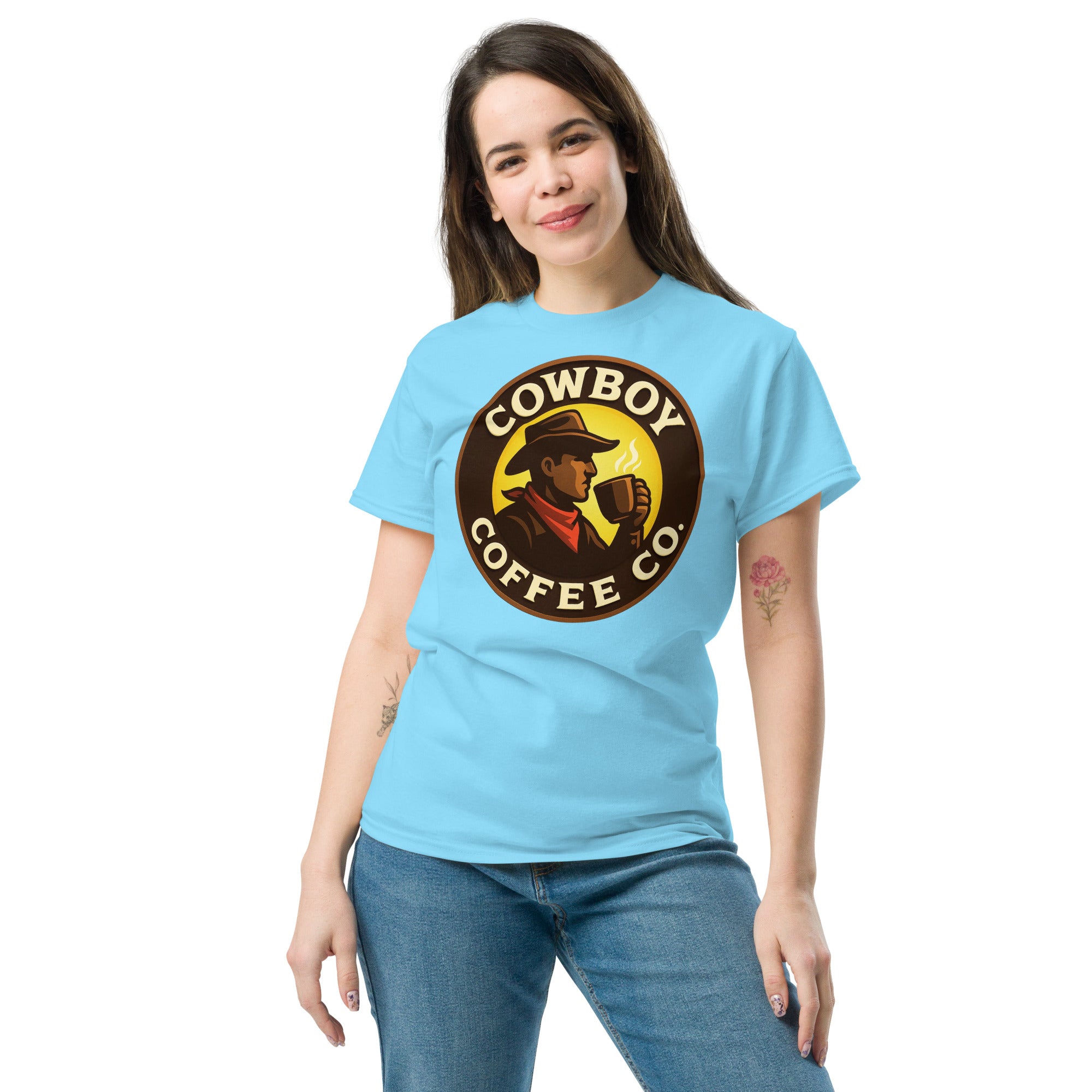 Unisex classic tee in blue with Cowboy Coffee Co logo.
