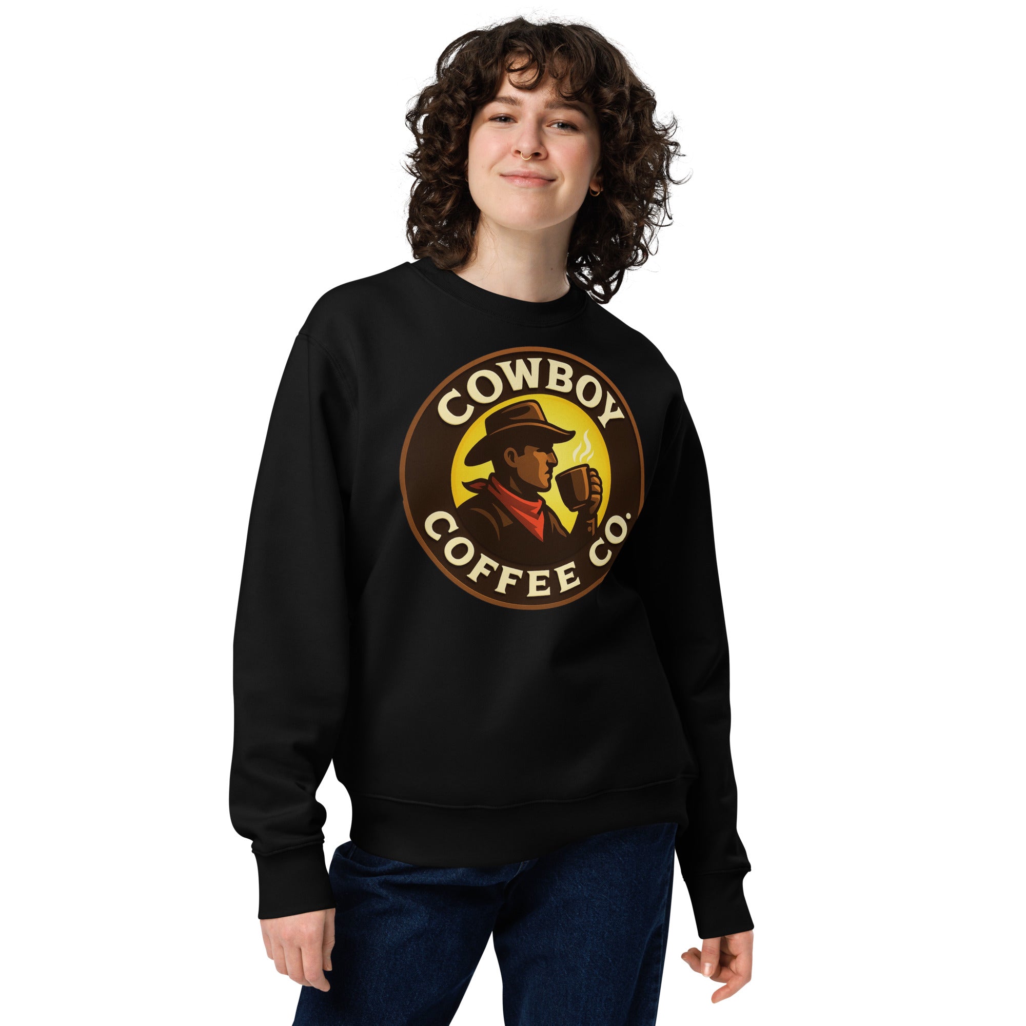 Unisex eco sweatshirt featuring Cowboy Coffee Co logo.