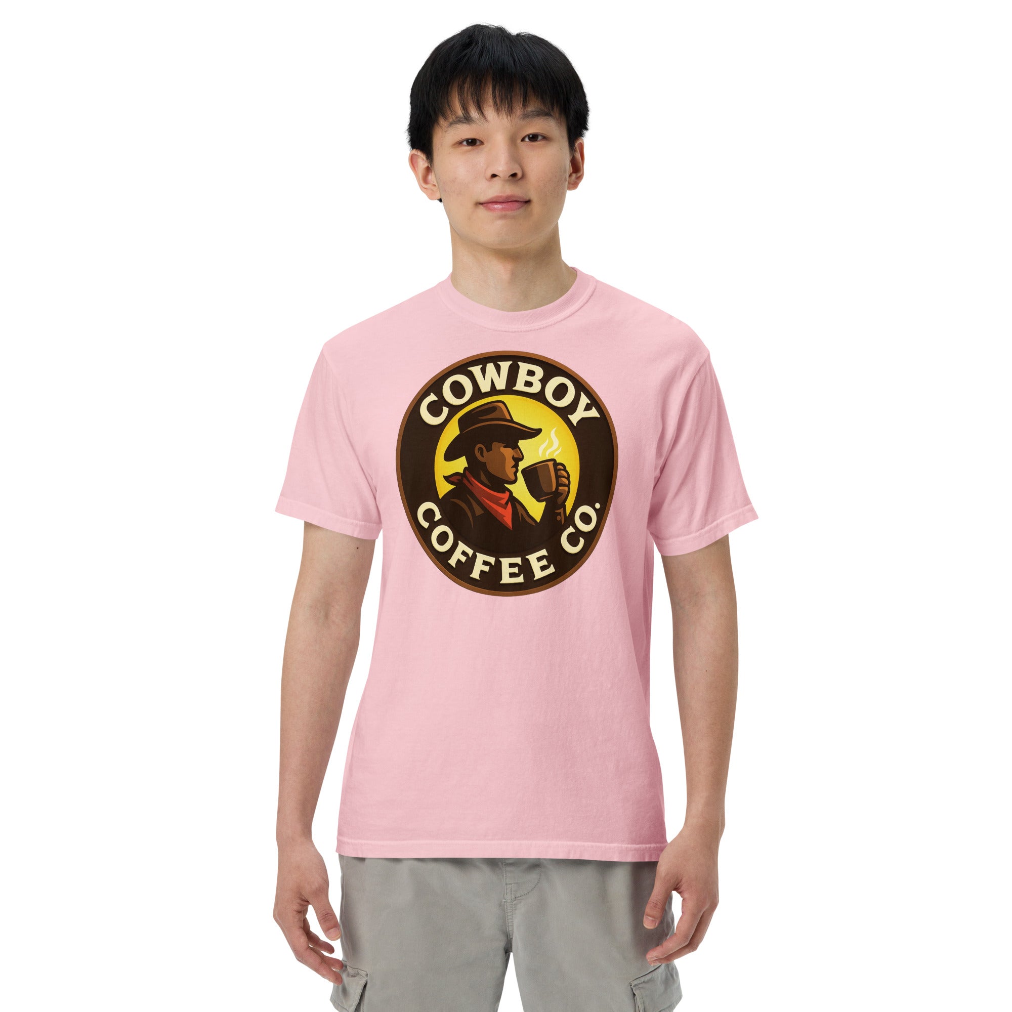 Unisex garment-dyed heavyweight t-shirt in pink with Cowboy Coffee Co graphic.