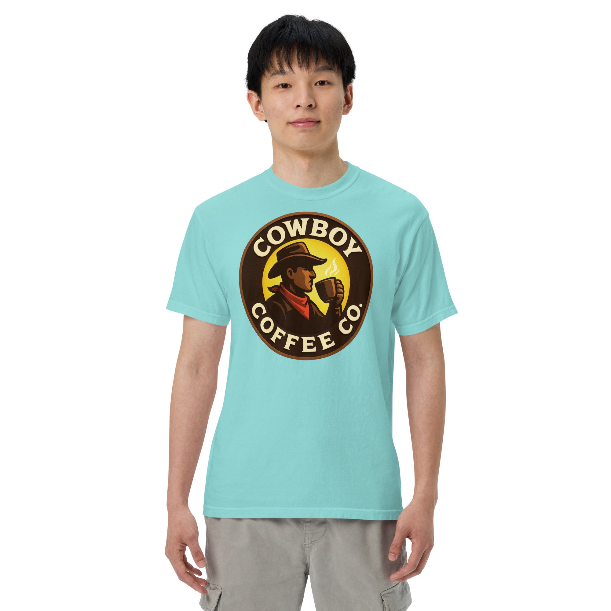 Unisex garment-dyed heavyweight t-shirt featuring Cowboy Coffee Co logo