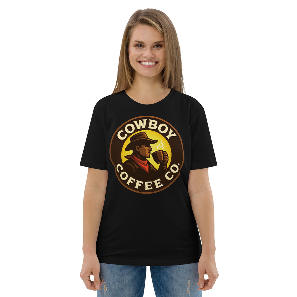 Unisex organic cotton t-shirt with Cowboy Coffee Co logo