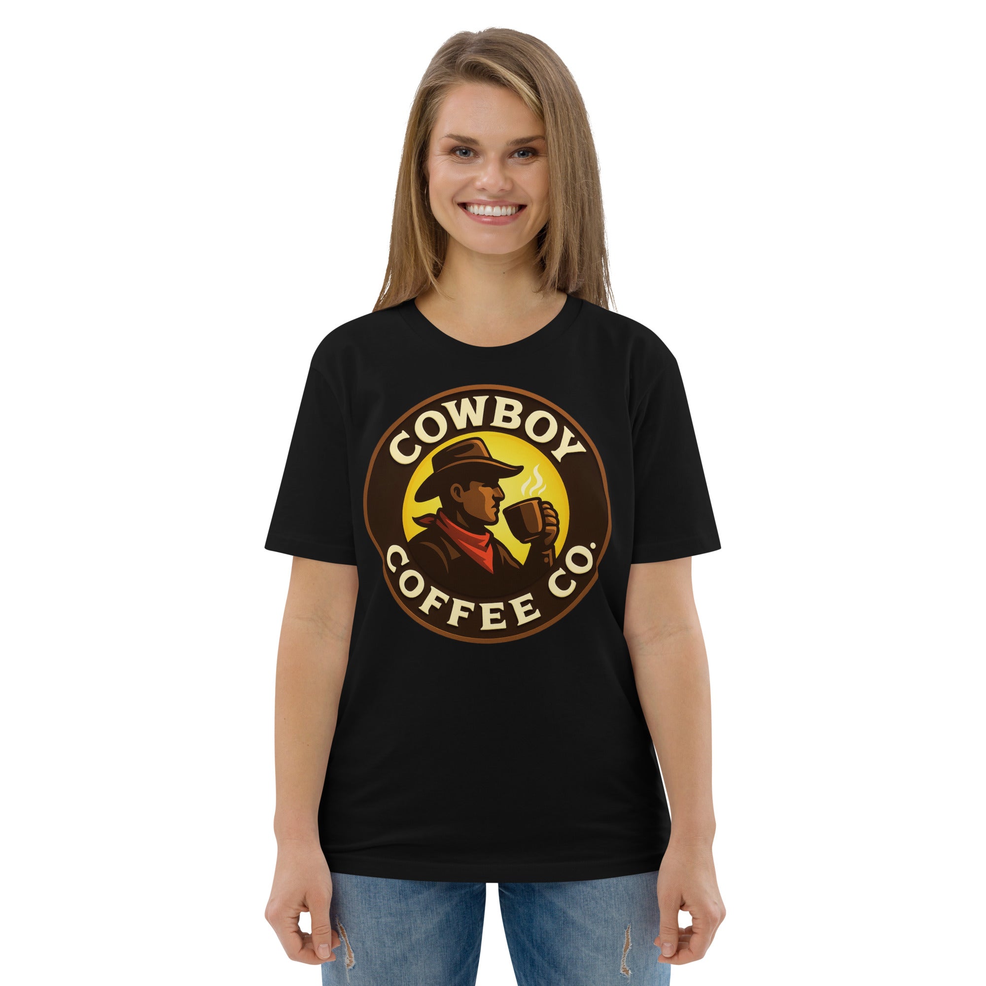 Unisex organic cotton t-shirt with Cowboy Coffee Co logo