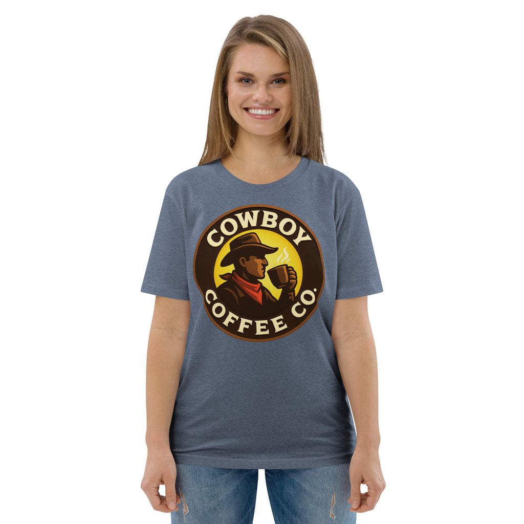 Unisex organic cotton t-shirt with Cowboy Coffee Co logo.