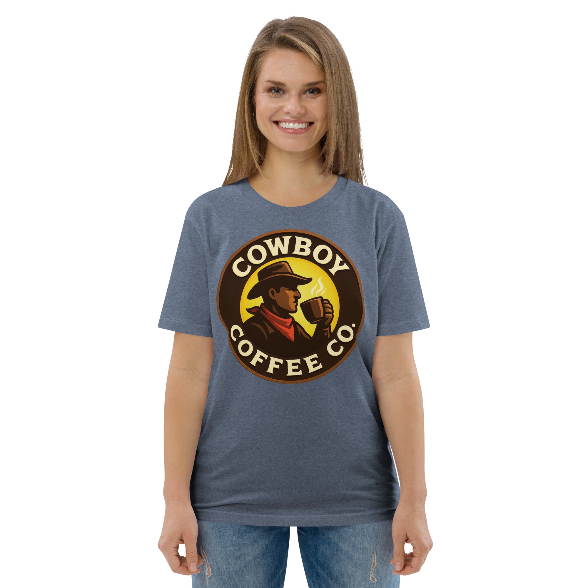 Unisex organic cotton t-shirt with Cowboy Coffee Co logo.