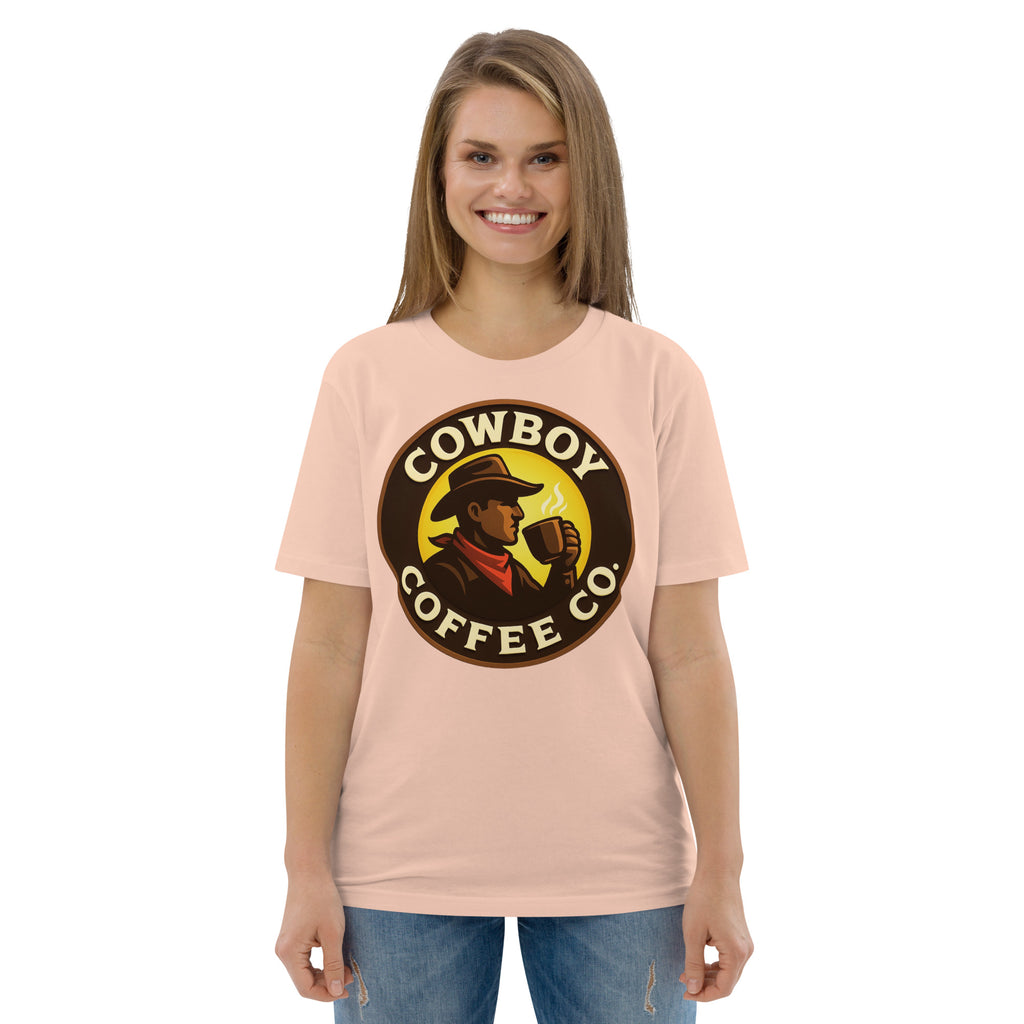 Unisex organic cotton t-shirt with Cowboy Coffee Co logo