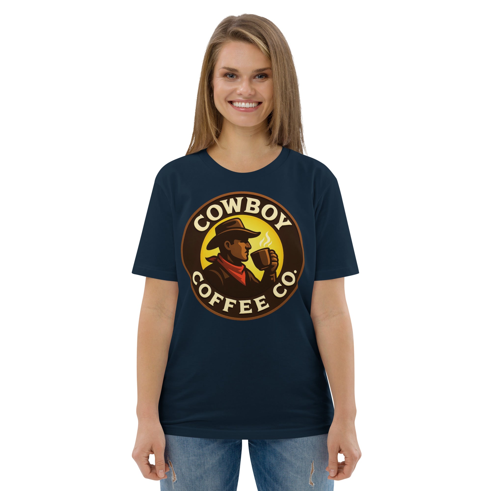 Unisex organic cotton t-shirt in navy with Cowboy Coffee Co logo.
