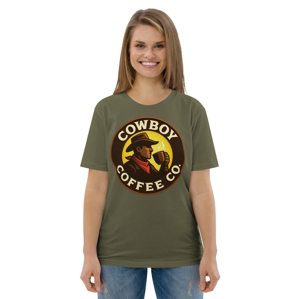 Unisex organic cotton t-shirt with Cowboy Coffee Co logo.
