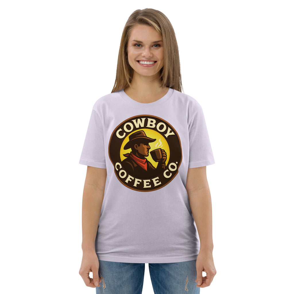 Unisex organic cotton t-shirt with Cowboy Coffee Co design