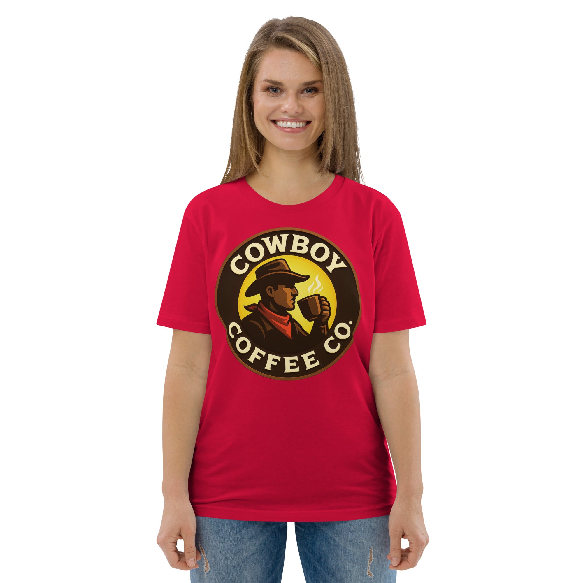 Unisex organic cotton t-shirt with Cowboy Coffee Co. logo