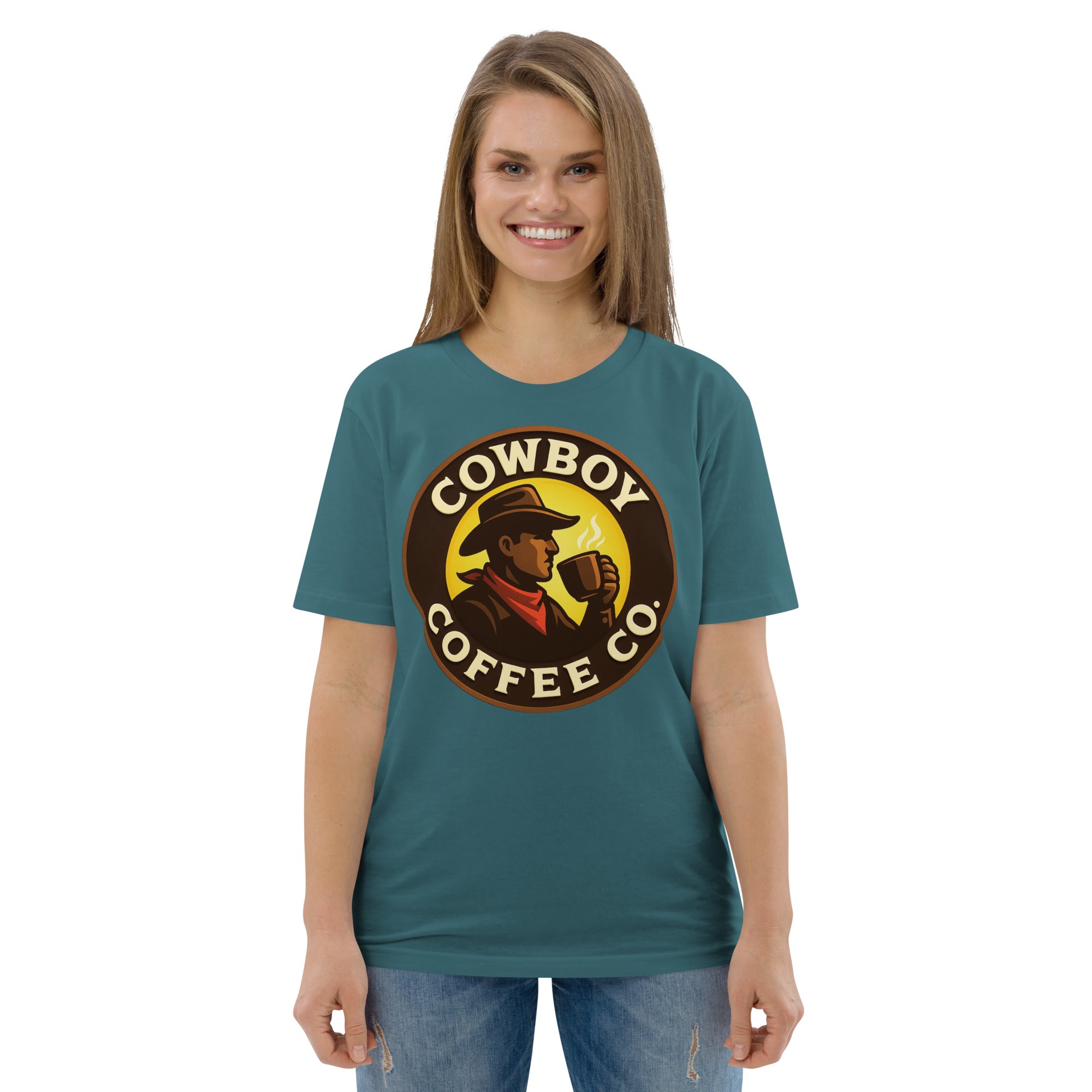 Unisex organic cotton t-shirt with Cowboy Coffee Co. design