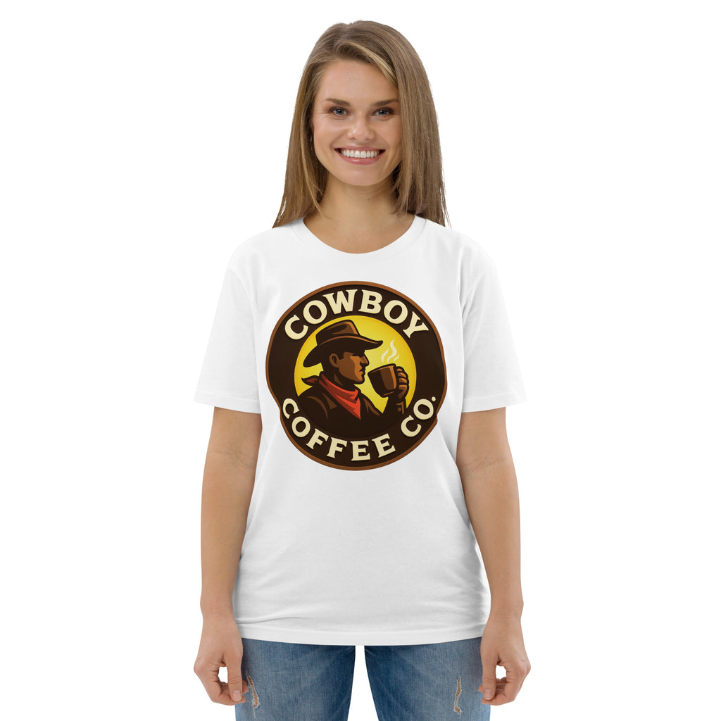 Unisex organic cotton t-shirt with Cowboy Coffee Co. logo