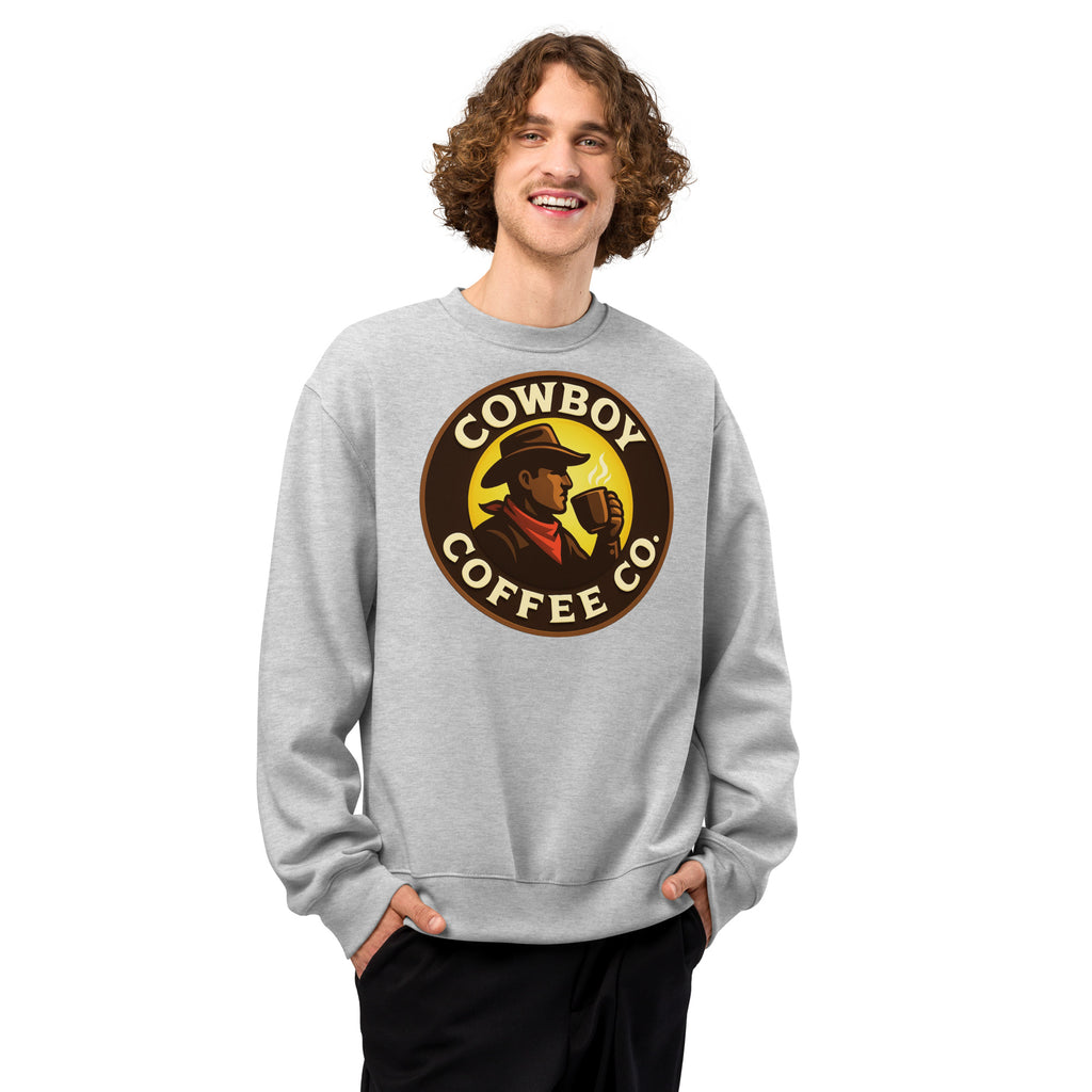 Oversized heavyweight sweatshirt model wearing Cowboy Coffee Co logo