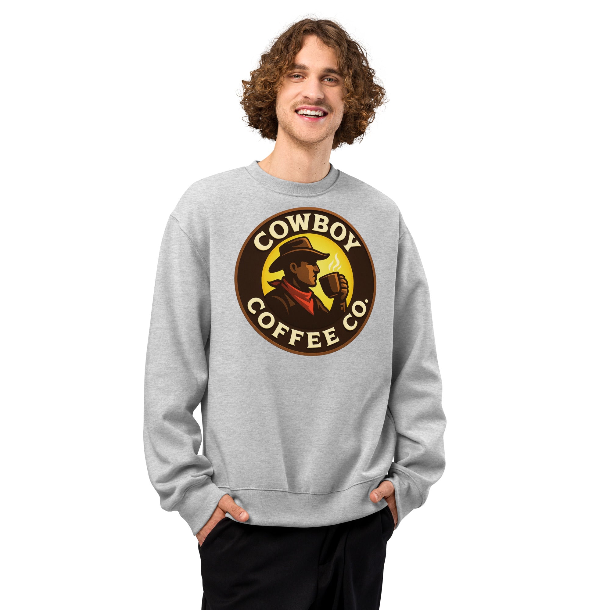 Oversized heavyweight sweatshirt model wearing Cowboy Coffee Co logo