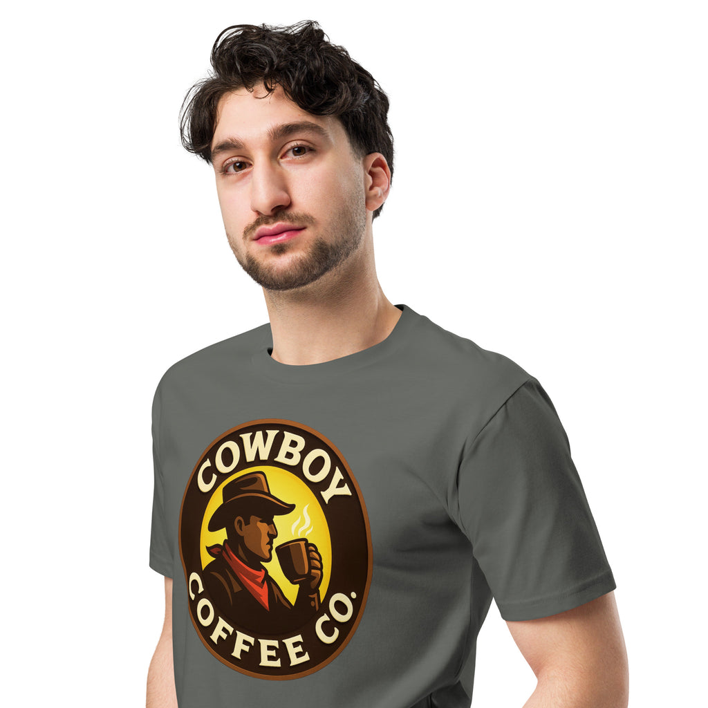 Unisex premium t-shirt featuring Cowboy Coffee Co logo