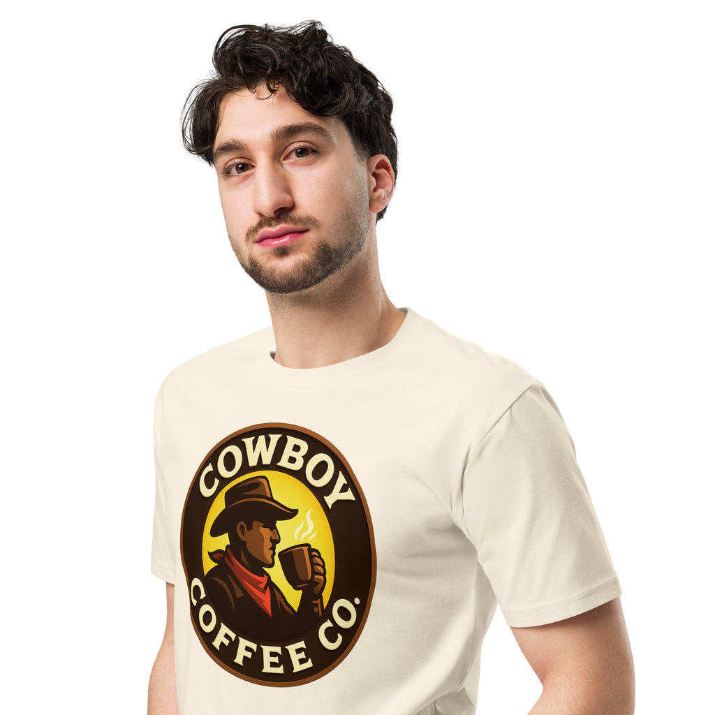 Unisex premium t-shirt featuring Cowboy Coffee Co logo.