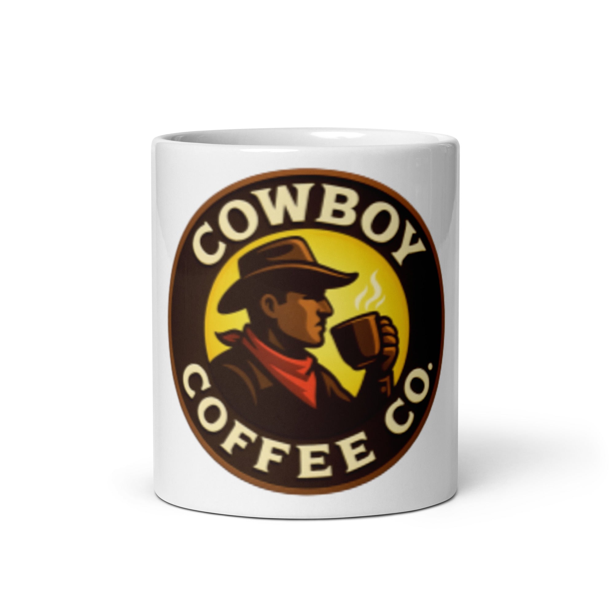 White glossy mug featuring Cowboy Coffee Co. logo