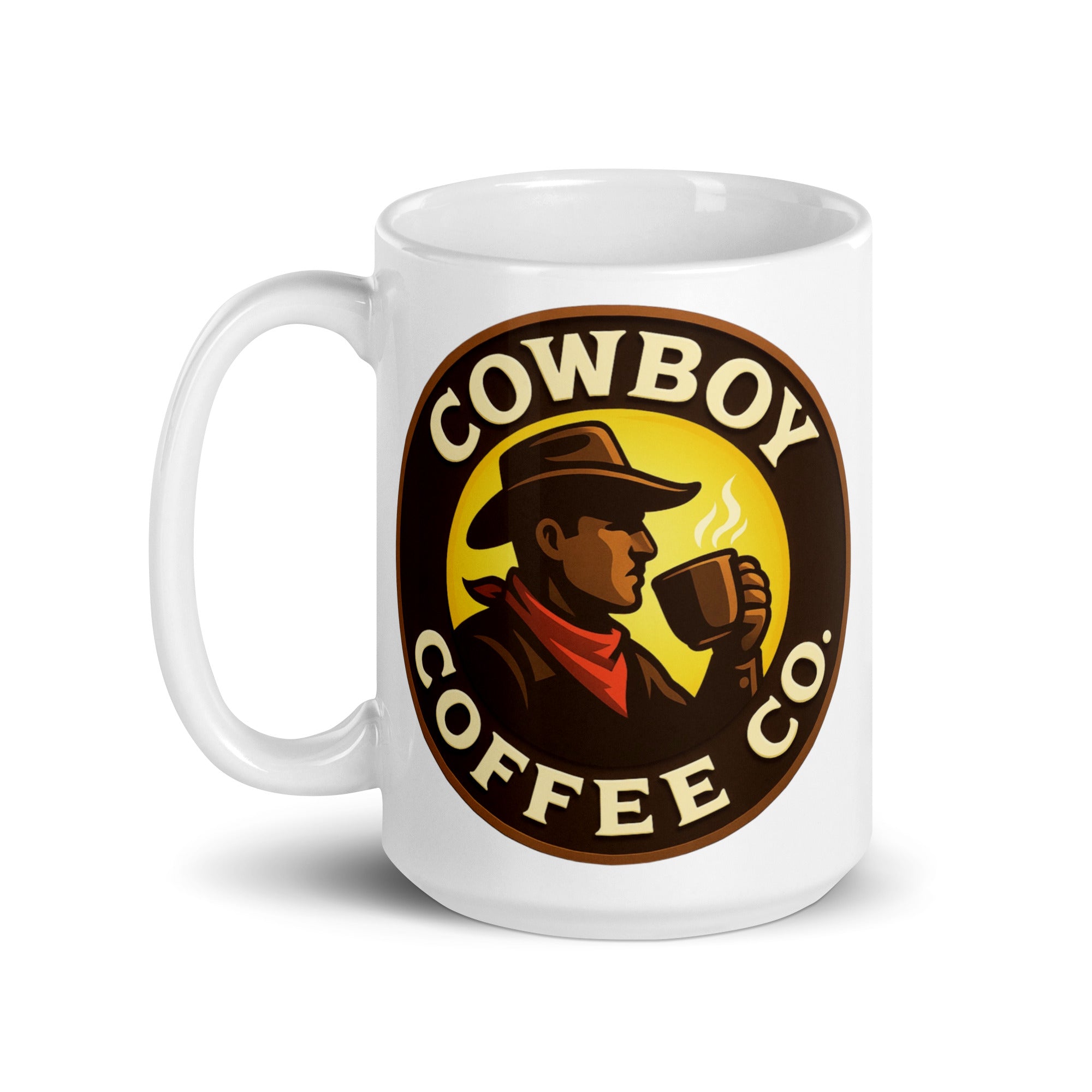 White glossy mug featuring Cowboy Coffee Co design