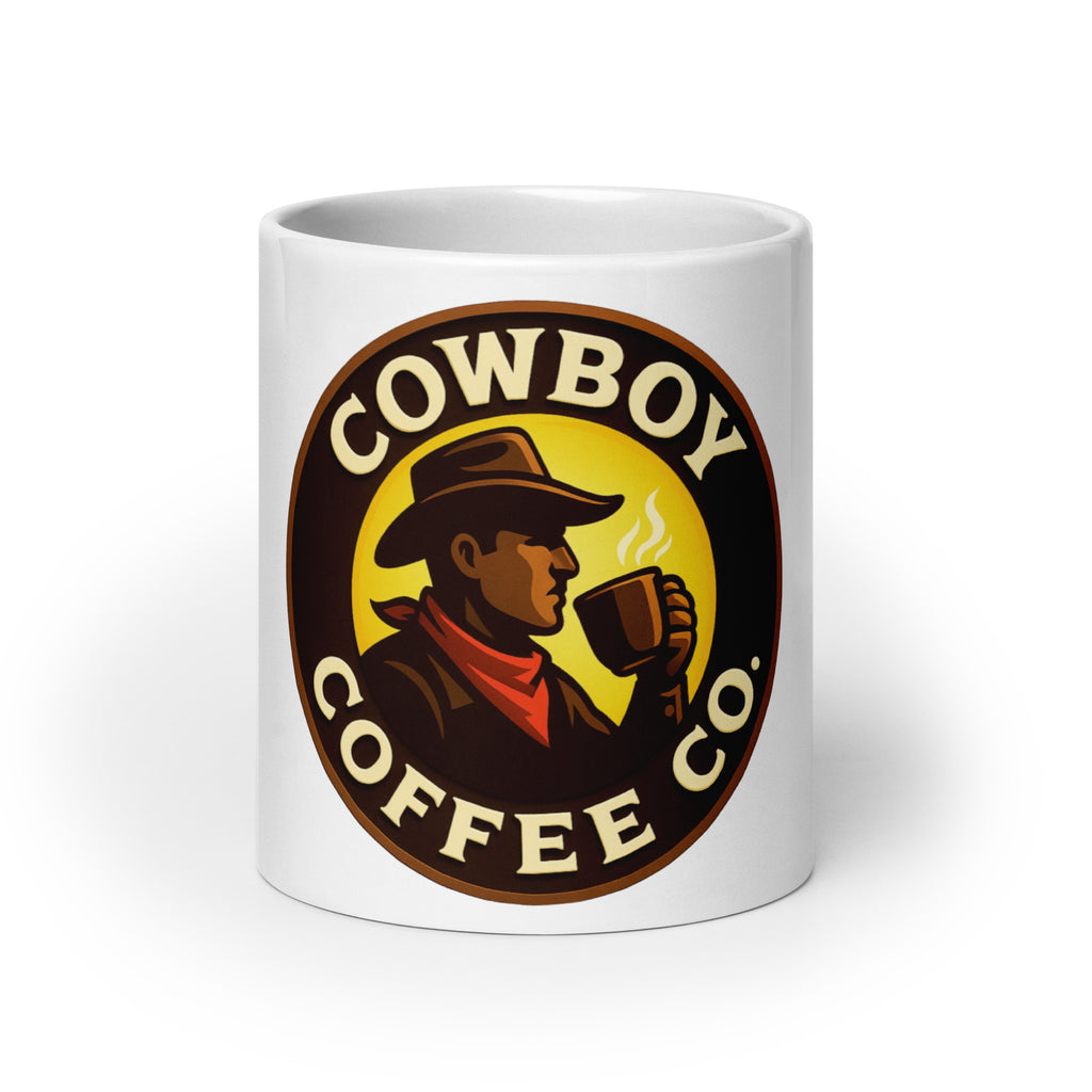 White glossy mug with Cowboy Coffee Co design