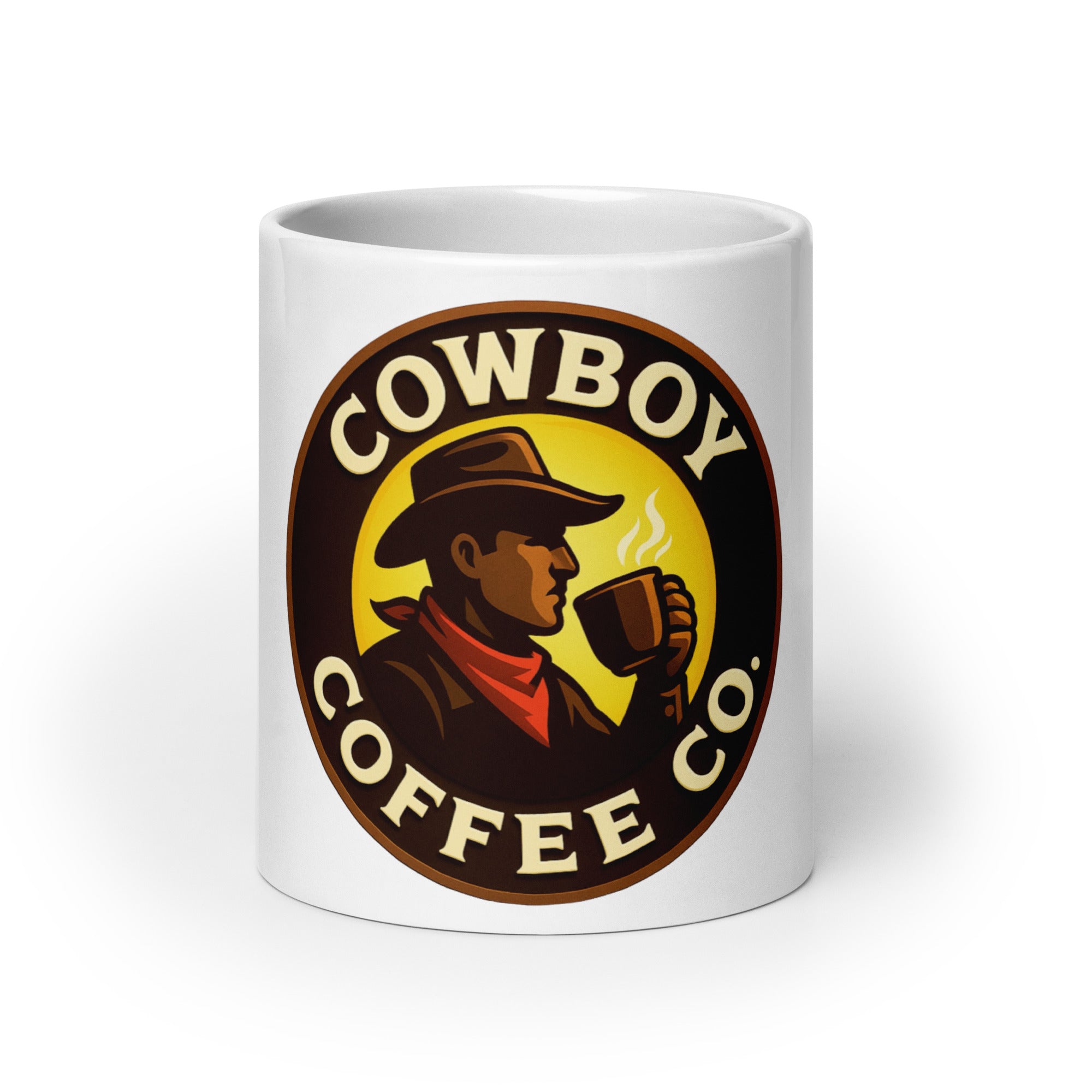 White glossy mug with Cowboy Coffee Co design